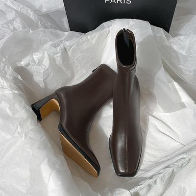 瘦瘦靴高跟方头法式棕色短靴女