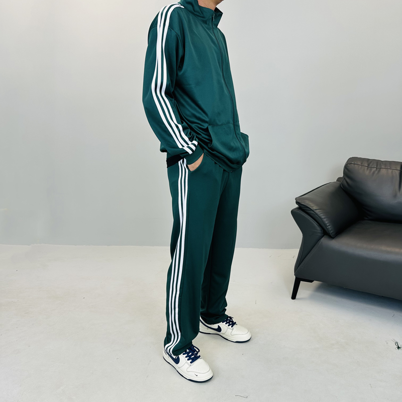 运动套装男宽松直筒休闲三条杠条纹校服裤夏季薄款大码拉链运动服