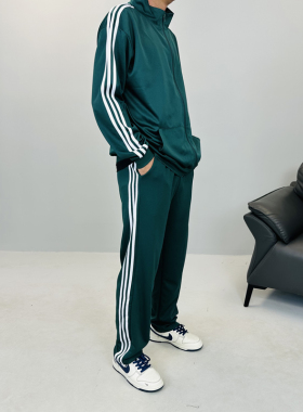 运动套装男宽松直筒休闲三条杠条纹校服裤秋冬薄款大码拉链运动服