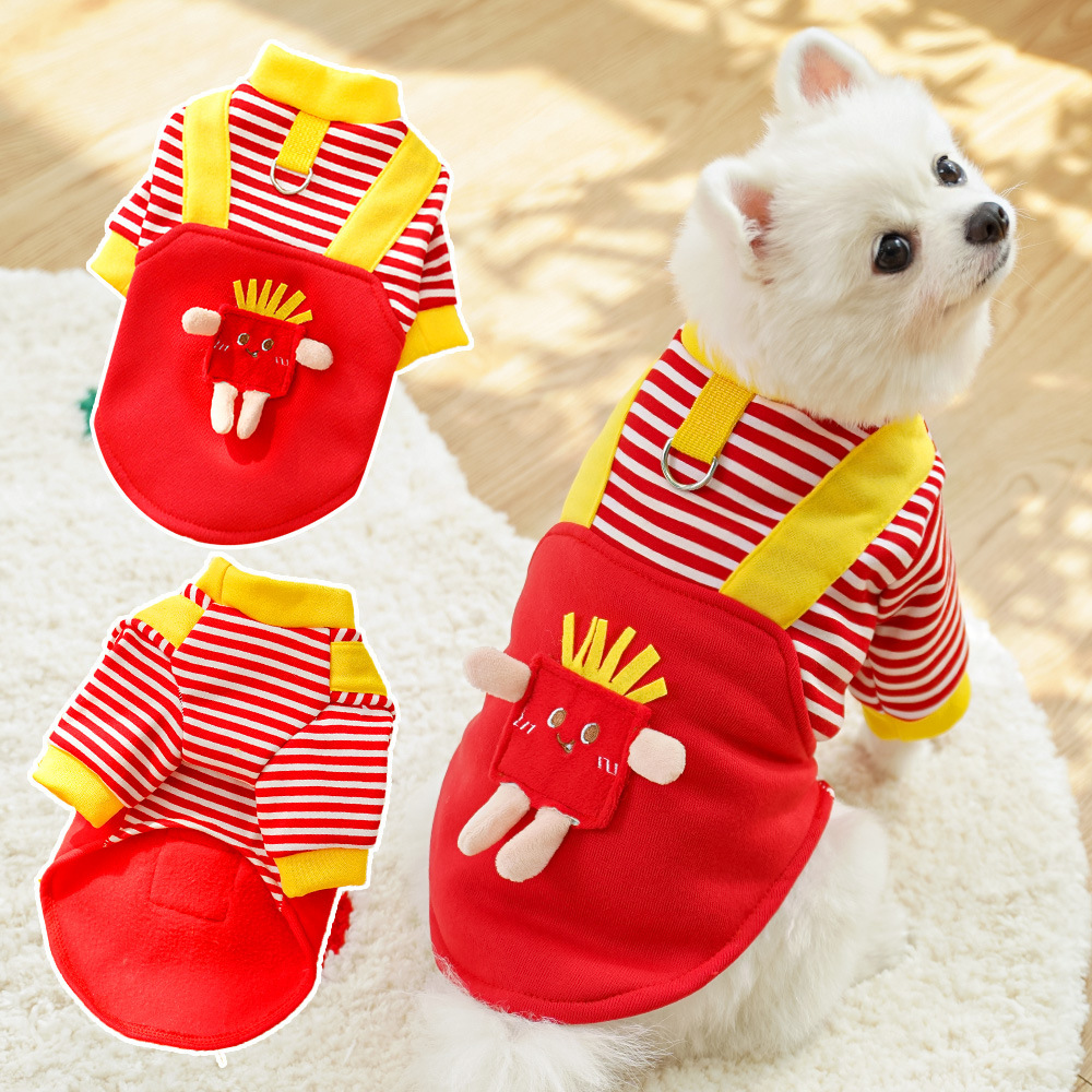 宠物狗狗衣服猫咪秋冬加绒卫衣用品条纹薯条中型犬柯基法斗可牵引