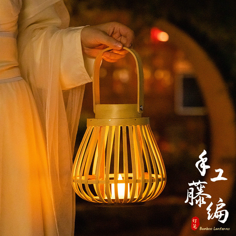 中秋节灯笼儿童手提古风藤编竹编花灯发光灯笼宫灯汉服拍照道具