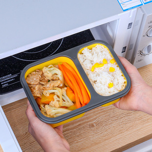 硅胶二格饭盒上班族微波炉加热餐盒套装分格保鲜盒食品级便当盒