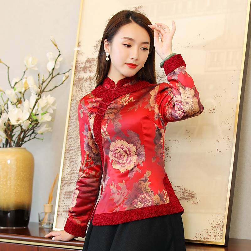 如意风唐装女中国风冬装外套妈妈小棉袄红色拜年棉服中式旗袍上衣_虎窝淘