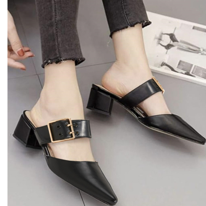 2025春夏新品日系风4厘米粗跟包头尖头皮带扣装饰修脚凉拖鞋女