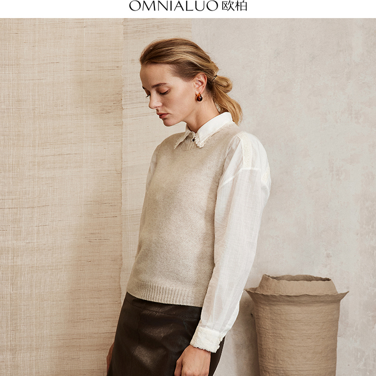 欧柏高端精纺美利奴羊毛背心女2025秋装新款套头针织马甲毛衣外套