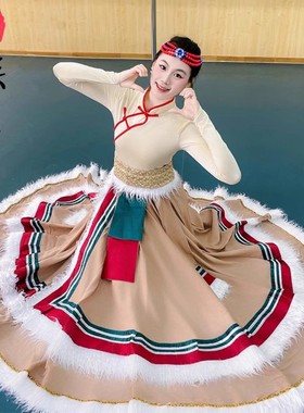 新款藏族舞蹈演出服装大摆裙广场舞藏族舞蹈半身裙练习裙上衣艺考
