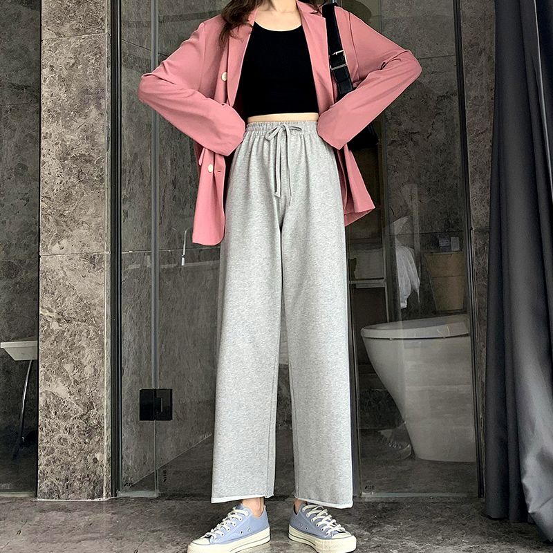 裤子女ins潮休闲裤春秋高腰垂感宽松直筒新款阔腿裤灰色卫裤
