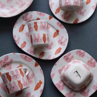 日本可爱手作兔兔粗陶马克杯 家用早餐杯高颜值燕麦牛奶杯咖啡杯