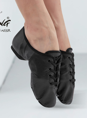 陈婷 皮爵士鞋舞蹈教师软底练功练习鞋浅口带跟系带黑色跳舞鞋