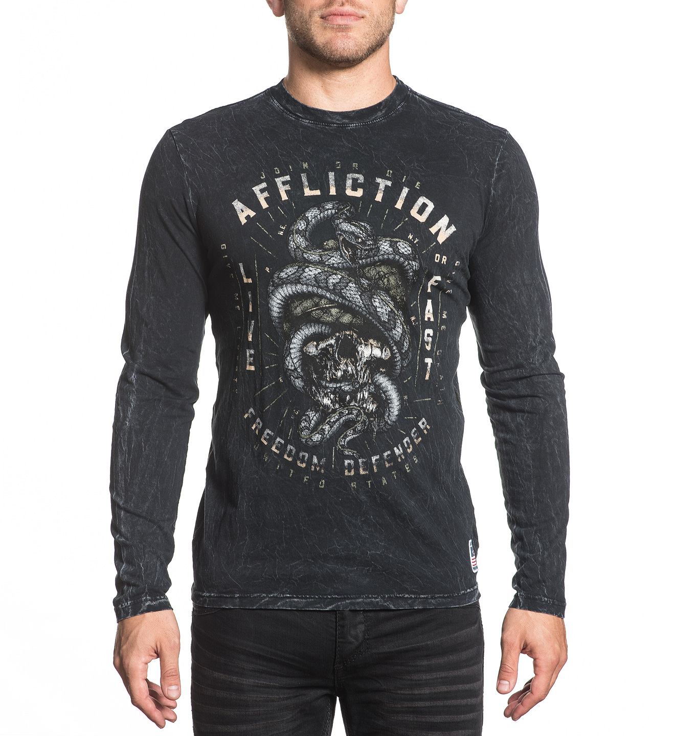 affliction 美国潮牌 男款黑色嘻哈朋克做旧修身毒蛇印花长袖t恤