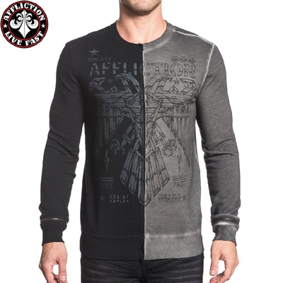 潮美国男款修身做旧拼接长袖t恤