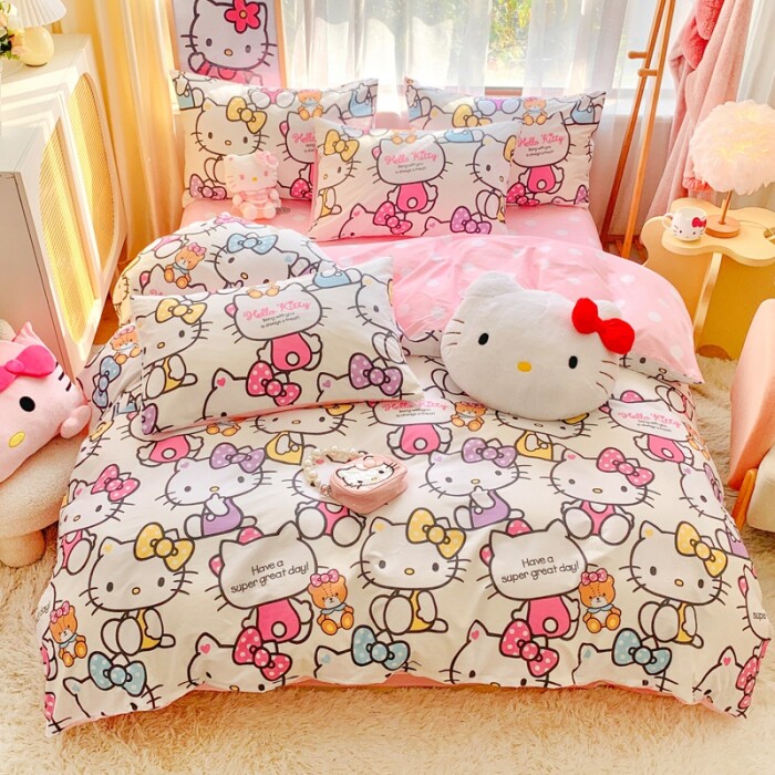 hellokitty纯棉四件套儿童KT猫三件套卡通床单床笠女孩凯蒂猫被套