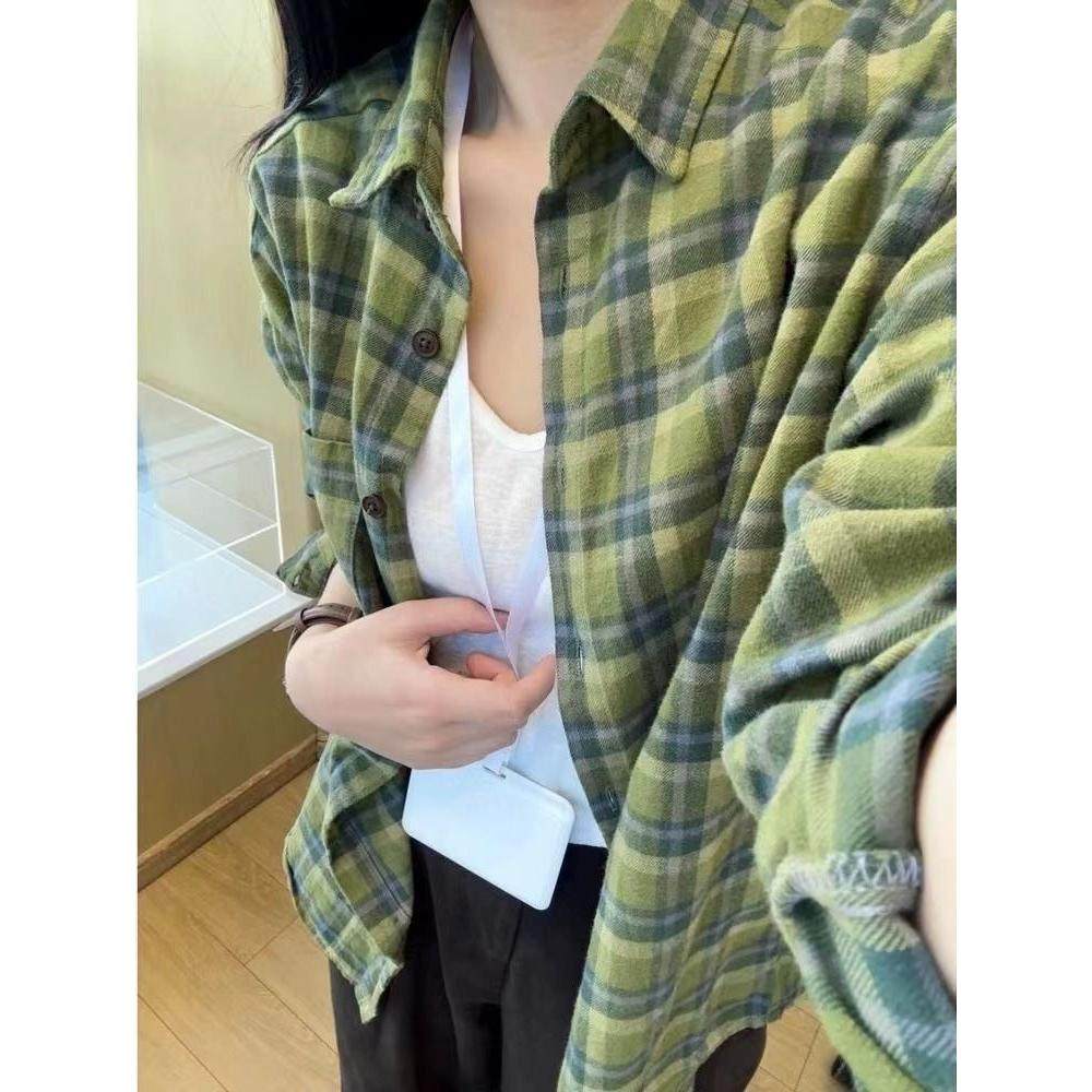 绿色格子衬衫女秋冬款韩系甜美小众设计感宽松休闲长袖衬衣外套潮
