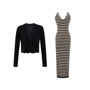 纯欲风吊带长裙 气质修身 2025法式 V领条纹包臀连衣裙套装