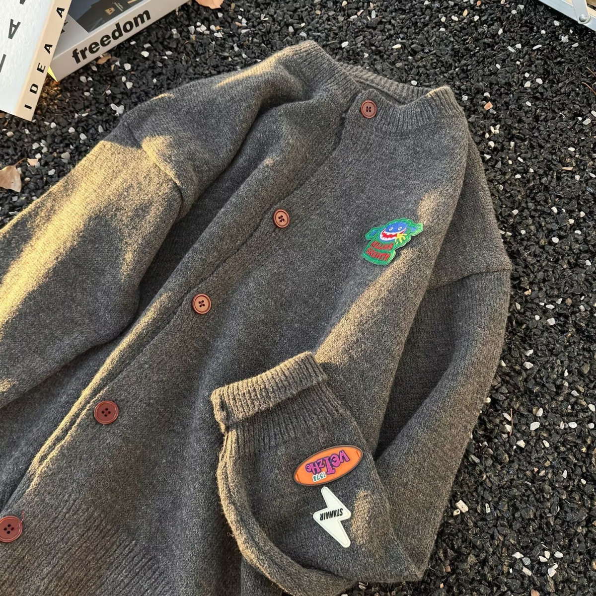 2025秋冬新款开衫毛衣美式复古休闲慵懒风V领针织衫男女纯色外套