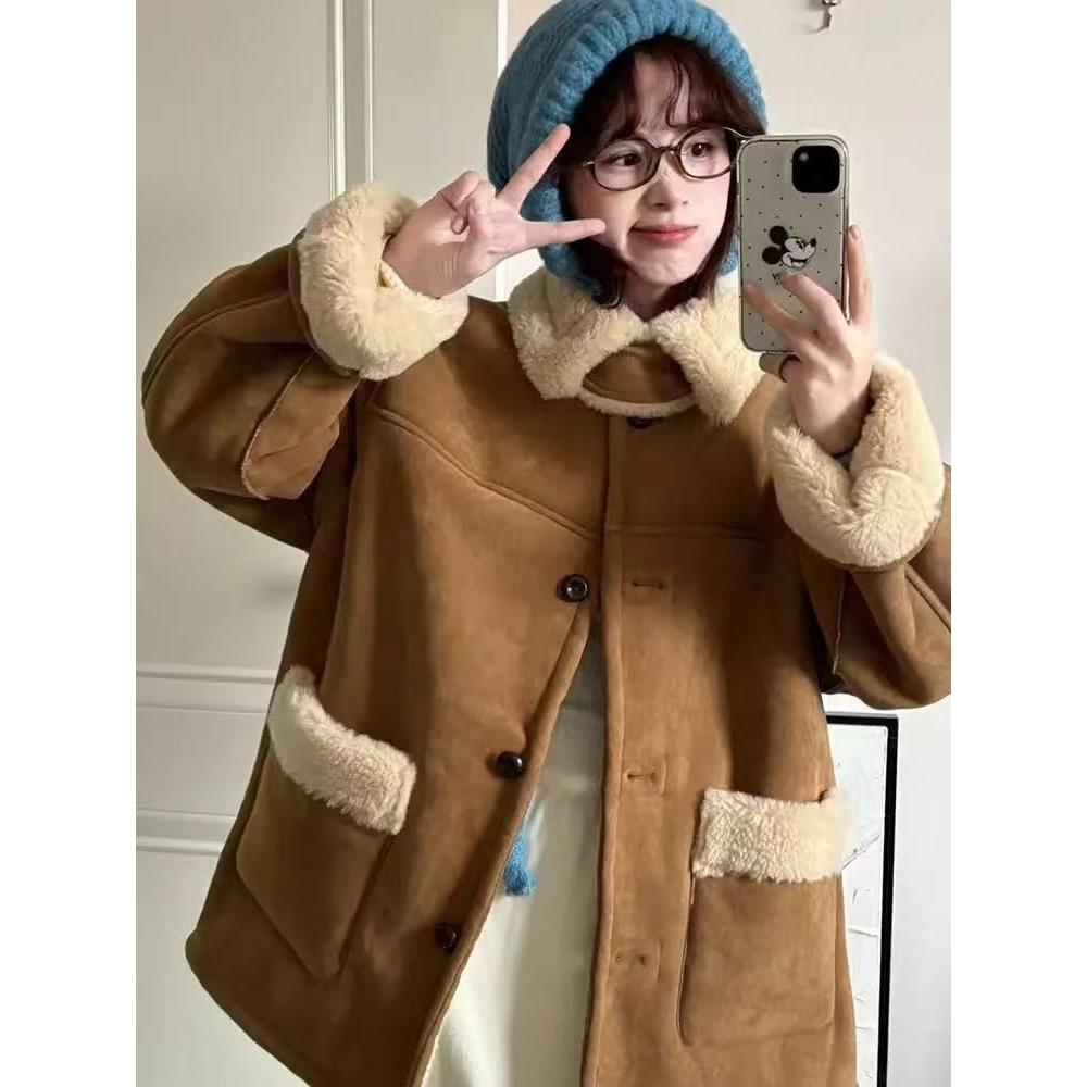 麂皮绒羊羔毛外套女款2025冬季新款软糯两面穿皮毛一体小个子上衣