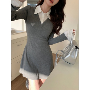 假两件灰色针织连衣裙子女秋冬季 气质辣妹打底内搭包臀裙 2025新款