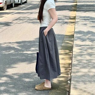 薄款 深灰色冰絲工裝 新款 女大碼 南瓜長裙夏季 速干拼接花苞半身裙子