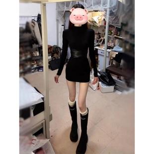 法式 气质显瘦收腰包臀短裙 黑色高领打底内搭连衣裙子女2025秋冬季