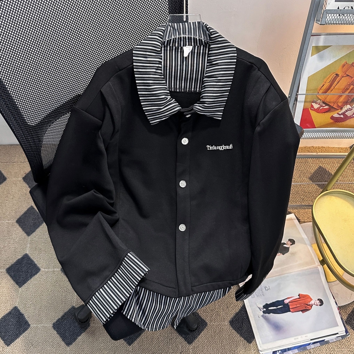 cleanfit假两件条纹拼接衬衫卫衣男款翻领高级感衬衣痞帅开衫外套