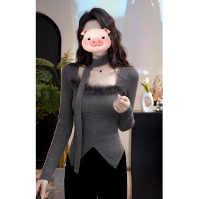 【包芯纱洗水】不规则毛毛拼接方领针织衫女秋冬纯欲打底气质上衣