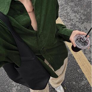 高级上衣显白外套宽松休闲衬衣 新款 春秋复古绿色长袖 灯芯绒衬衫