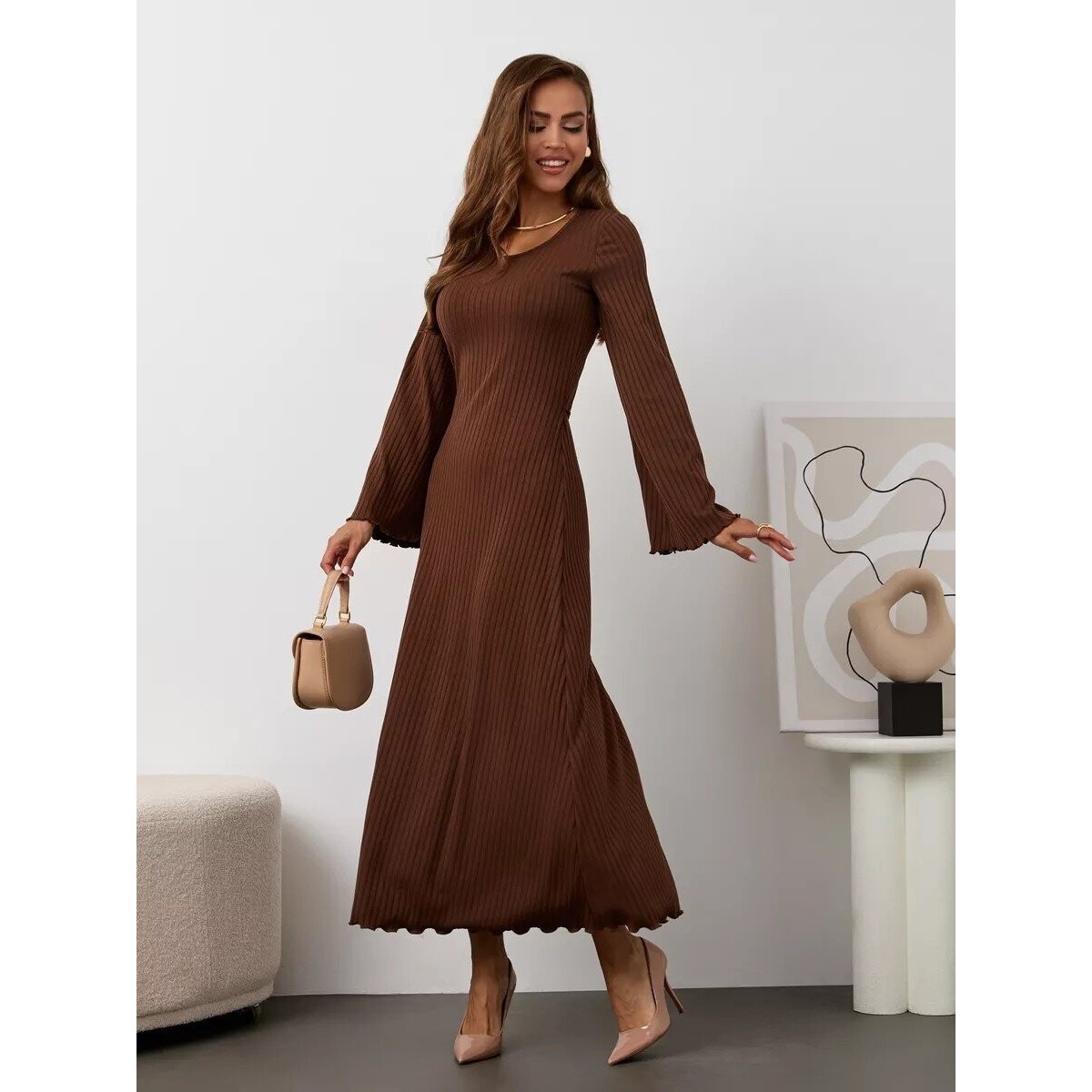 亚马逊跨境欧美秋季新品女装纯色宽松U领后背系带长喇叭袖连衣裙