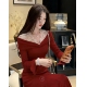 高级蕾丝拼接一字肩红色连衣裙女秋冬法式 千金感气质内搭收腰长裙