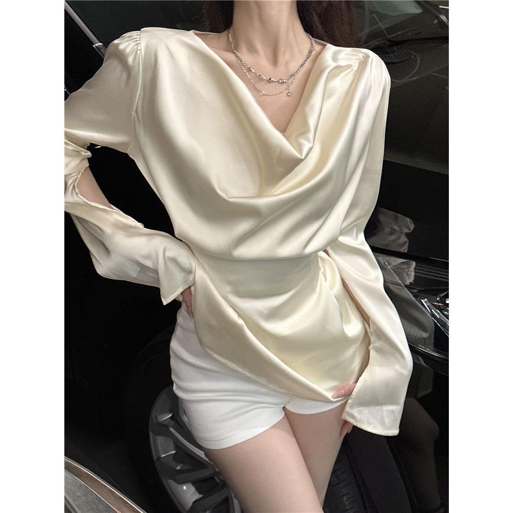 秋冬季时尚新款系带缎面衬衫高级设计感小众纯欲收腰荡领衬衣上衣