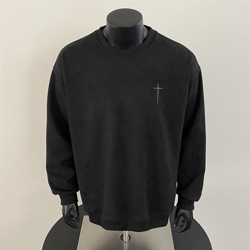 黑色圆领卫衣男十字架刺绣套头打底衫潮牌简约休闲百搭长袖上衣服