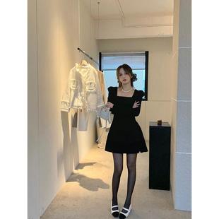 小个子配大衣内搭打底 女装 赫本风黑色方领连衣裙子秋冬季 2025新款