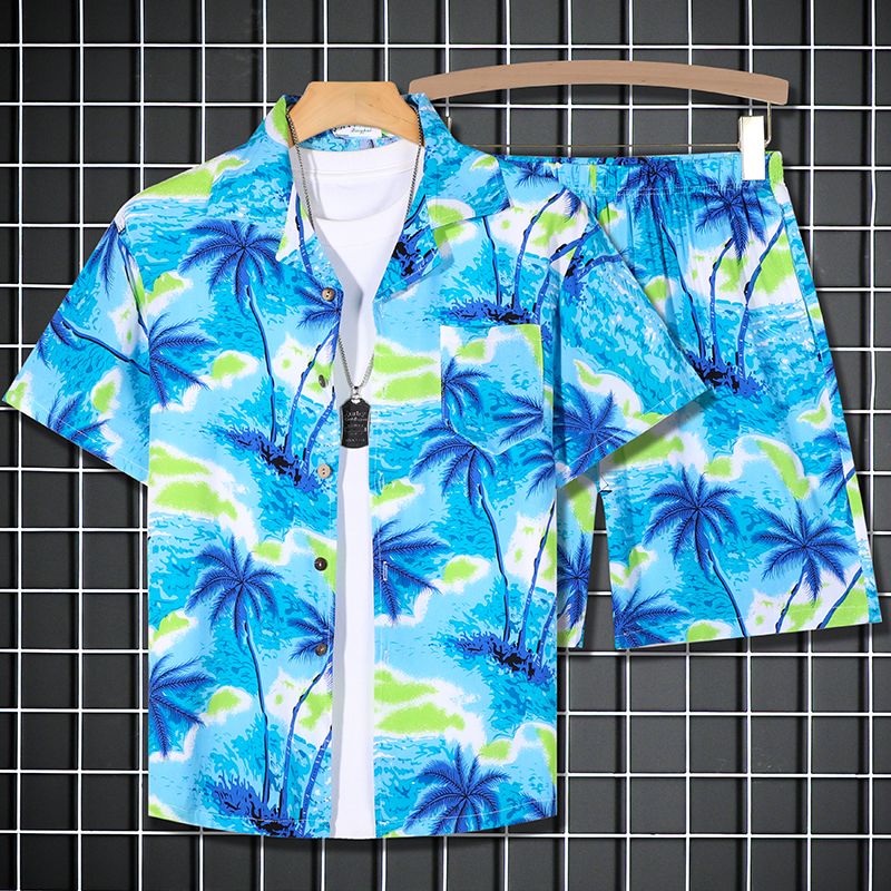 夏季男短袖花衬衫套装夏威夷沙滩服宽松休闲两件套外穿五分裤情侣
