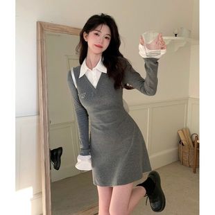 假两件灰色针织连衣裙子女秋冬季 气质辣妹打底内搭包臀裙 2025新款