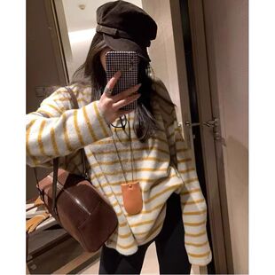 官图实价【78晴纶19锦纶3氨纶】中长款条纹圆领t恤女秋冬遮上衣