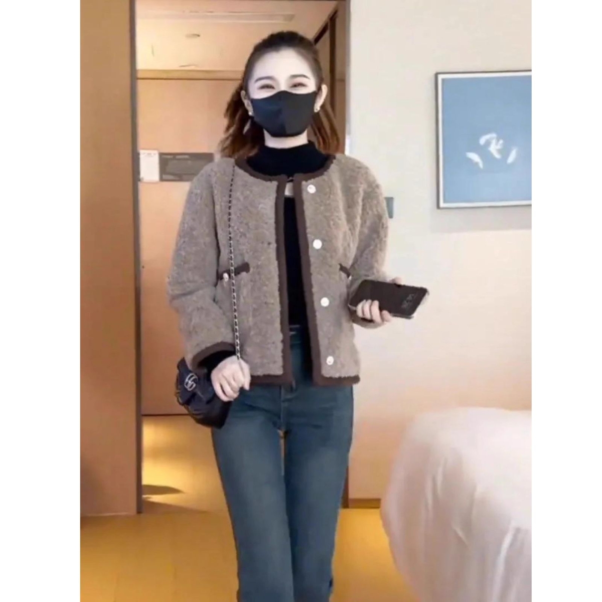 2025新款小香风撞色皮毛一体羊羔绒外套短外套小个子加厚上衣