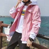 潮流学生百搭夹克上衣男宽松 秋季 港风ins粉色拼接牛仔外套男韩版