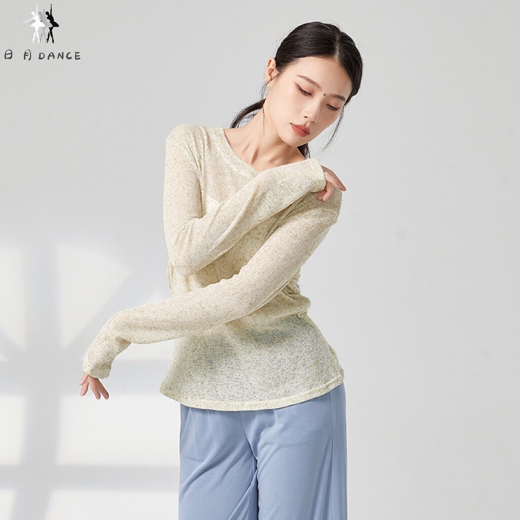 现代舞服微透视防晒长袖T恤女宽松圆领罩衫简古典舞基训服装