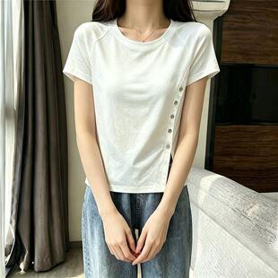 韩版ins夏天2026新款开叉宽松百搭短袖T恤女生纽扣设计白色上衣潮