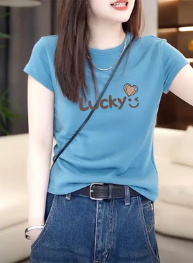 海蓝色圆领短袖T恤女夏季设计感小众美式复古修身个性上衣ins潮流