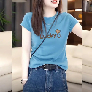 海蓝色圆领短袖T恤女夏季设计感小众美式复古修身个性上衣ins潮流