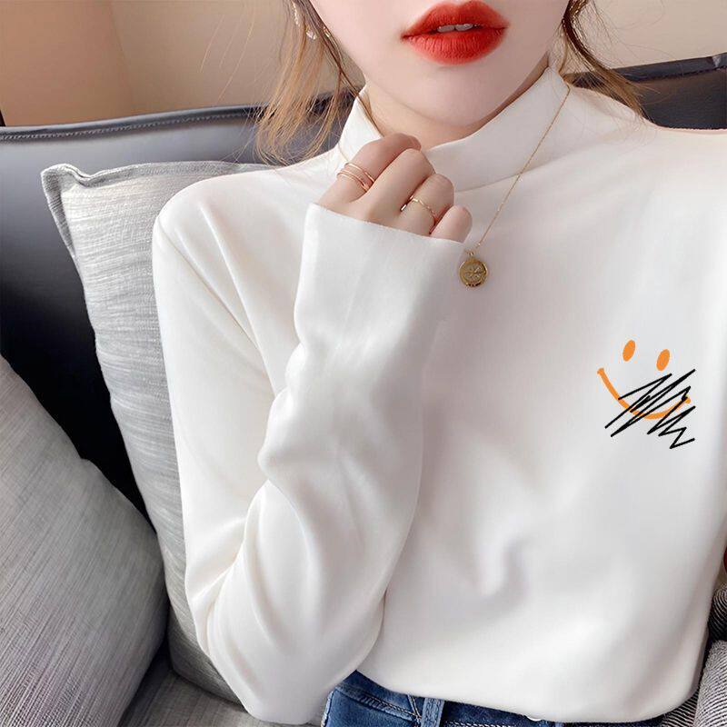 半高领德绒打底长袖白色印花氛围感小众新款百搭中长款休闲女上衣