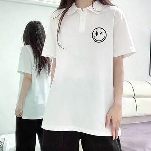 夏天新款 体恤休闲宽松显瘦上衣 轻奢风印花女士高街白色polo领短袖