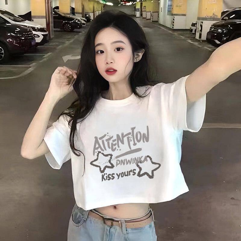 纯棉夏季短袖t恤女款印花薄款ins高腰露肚脐宽松短款甜美潮牌上衣图片