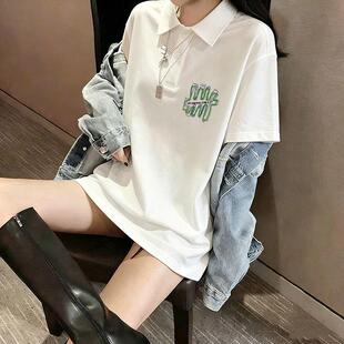 韩版薄款女装印花纯棉白色POLO领短袖T恤女款夏日棉宽松显瘦上衣