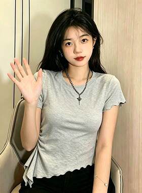灰色ins设计感小众短袖T恤女生木耳边新款原宿风百搭简约上衣潮流