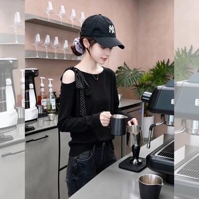 黑色系带蝴蝶结长袖T恤女生春秋款韩版宽松露肩穿搭波点ins上衣服