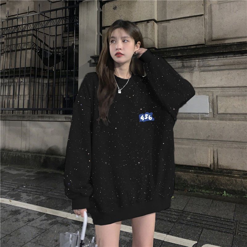 秋冬季韩版黑色新款圆领百搭时尚风高级感满天星亮片卫衣长袖上衣