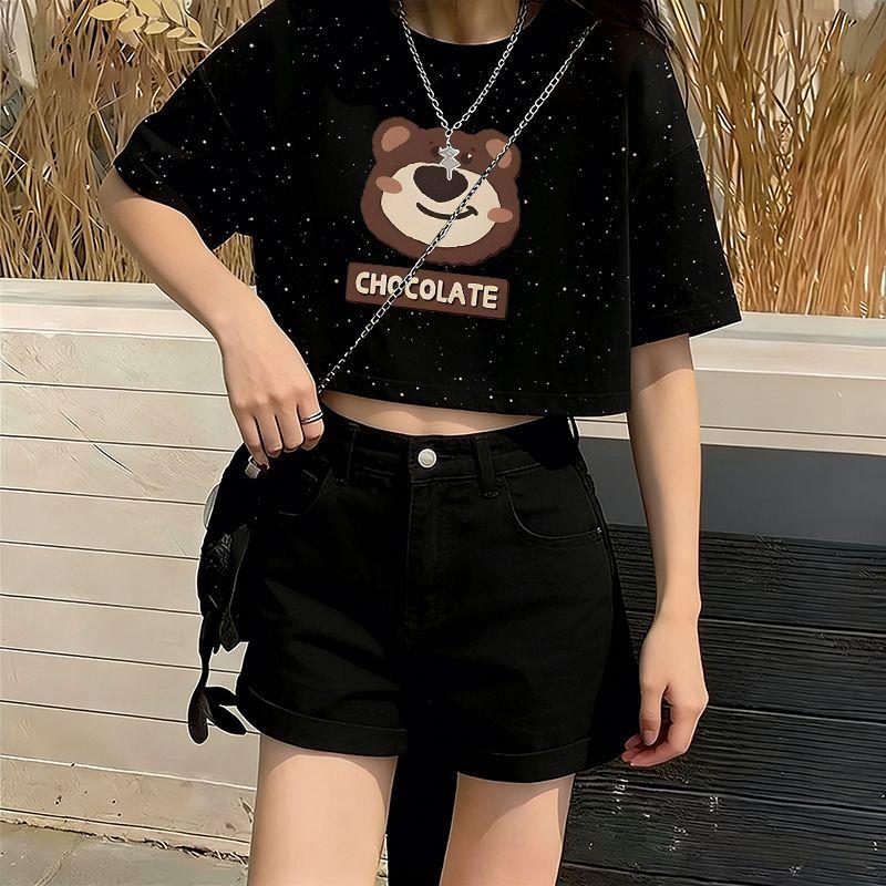 夏天遮肉重磅纯棉满天星亮片短款短袖T恤女装宽松显瘦印花ins上衣图片