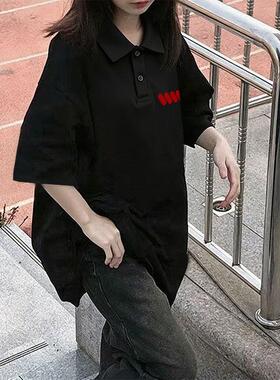 POLO纯棉黑色短袖T恤女夏日设计感小众美式复古oversize宽松上衣