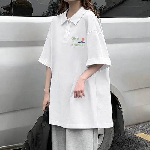 2026夏天新款白色POLO领文艺个性短袖T恤中长款女生ins百搭上衣服
